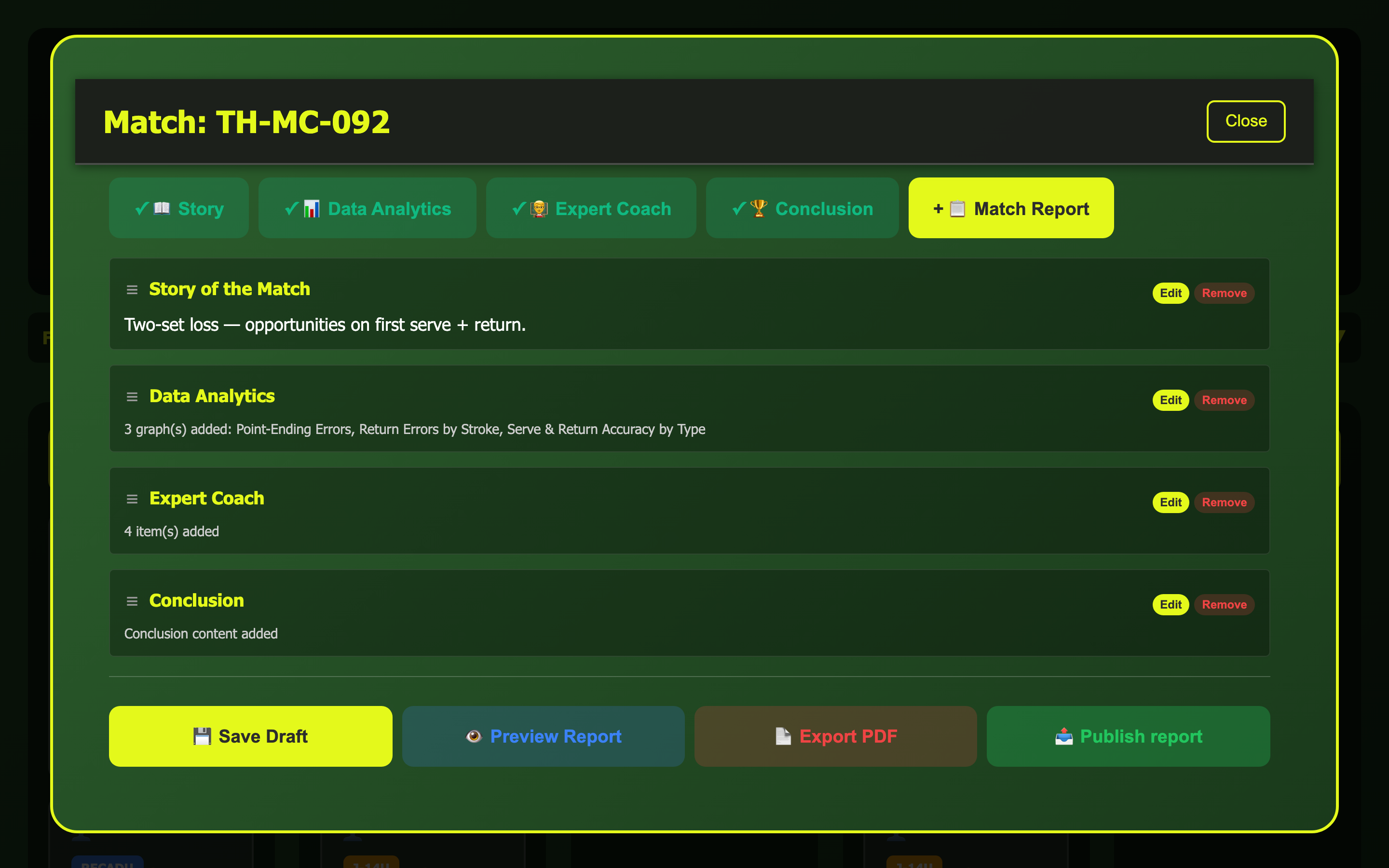 Report Builder with Save Draft, Preview, Export PDF, Publish