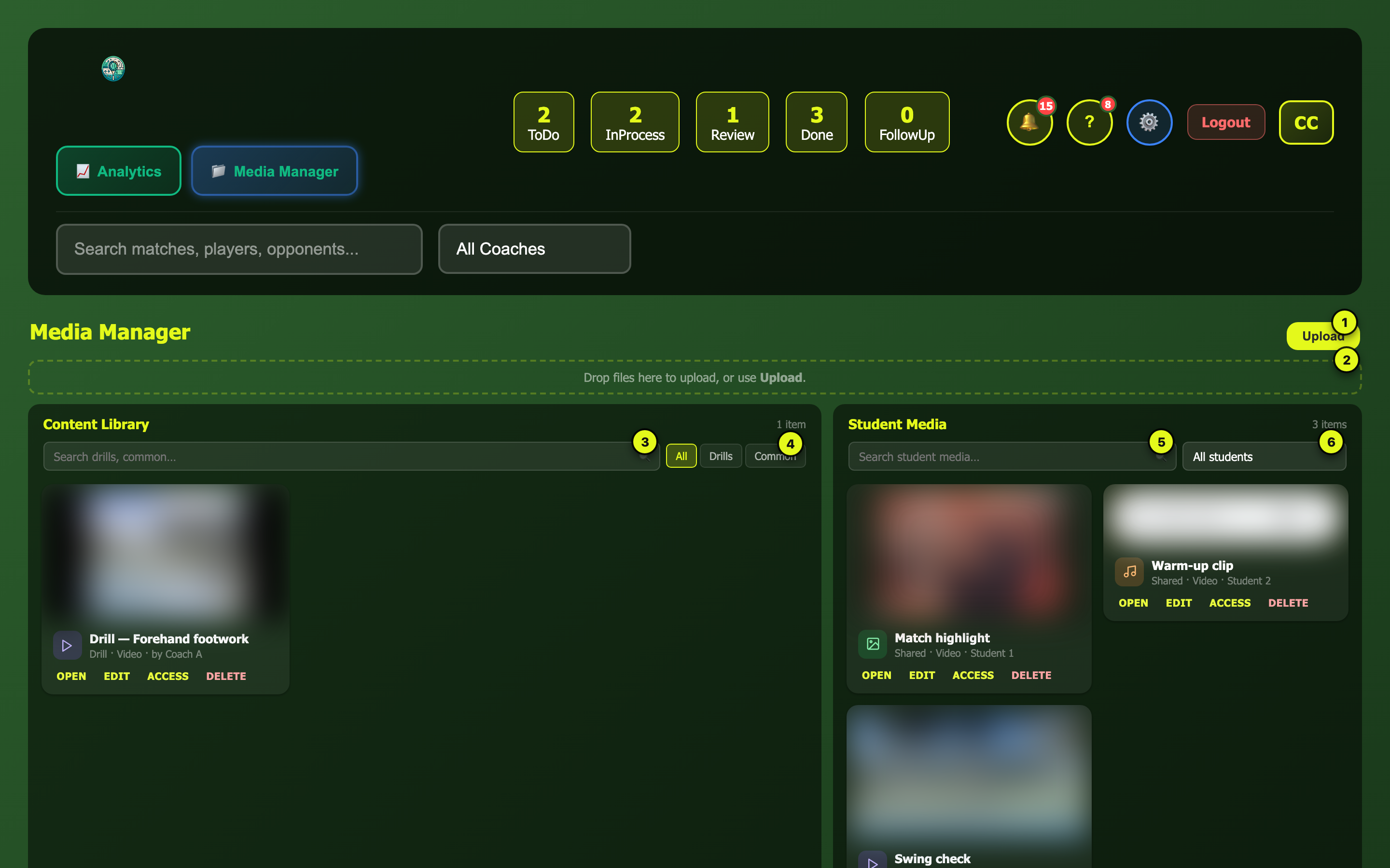 Media Manager — library and student panels